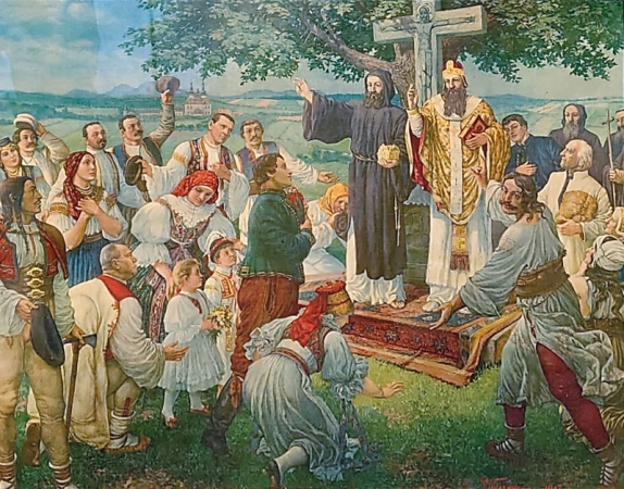 Konstantin a Metoděj kážou zbožným Moravanům,  v pozadí Velehrad a Chřiby, Eduard Neumann, 1913