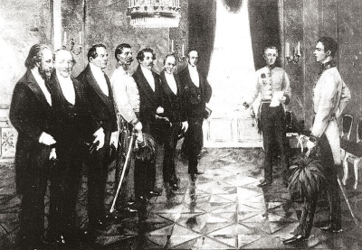 Vláda Felixe ze Schwarzenbergu, zcela vpravo císař Franz Josef I. a poslední v levé řadě Franz Seraph von Stadion