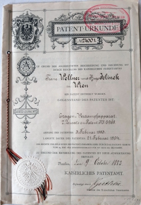 Patent Franze Wellnera a Huga Jelínka „Etagen – Vardampfapparat“, 1883