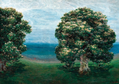 Emilie Mediz­‑Pelikan, Kvetoucí kaštany, 1900 (olej, plátno, 142 x 195 cm)