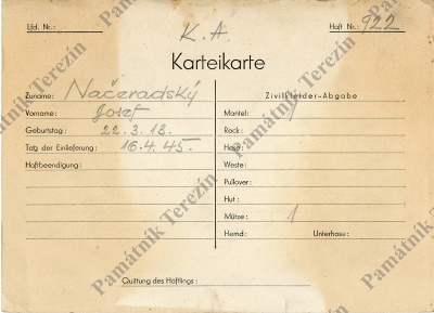 Identifikační karta vězně – Malá pevnost Terezín