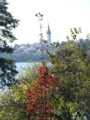 Pohled přes Vajgar na Jindřichův Hradec
s věží chrámu Nanebevzetí Panny Marie