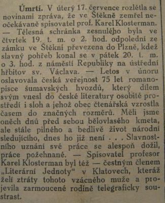 Nekrolog v plzeňském tisku
