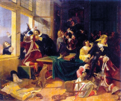 Karel Svoboda, Smetání místodržících na hradě Pražském 1618, 1844, sbírka Národního muzea v Praze