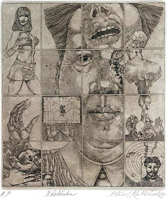 Oldřich Kulhánek, Nástěnka, 
lept ze souboru Prohibita, 1967