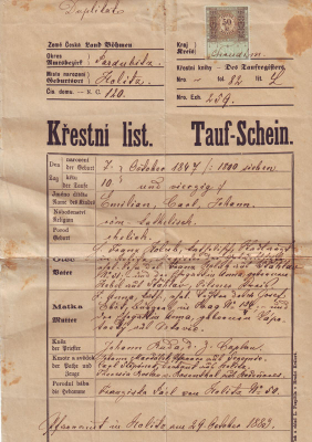 Křestní list Dr. Holuba