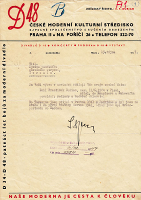 Burian's letter to Terezín of Oct. 13, 1947