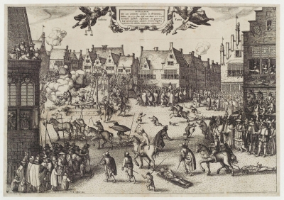 Lept z roku 1606 zachycující Fawkesovu popravu