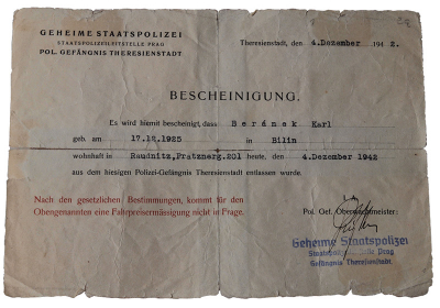 Propouštěcí rozkaz z Terezína 4. 12. 1942