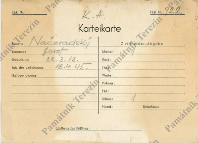 Identifikační karta vězně – Malá pevnost Terezín