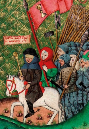 Jan Žižka vede vojsko radikálních husitů (Jenský kodex, 15. století)