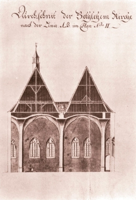 Řez Betlémskou kaplí od F. L. Hergeta z roku 1785 se zakreslenými okny jižního průčelí a studnou