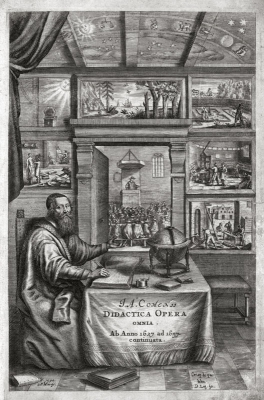Mědirytinový předtitul sebraných didaktických spisů Komenského vydaných v Amsterodamu 1657