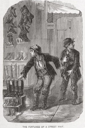 Loupež bot, z knihy Pouliční Arabové a Gutter Snipes, G. C. Needham, 1884