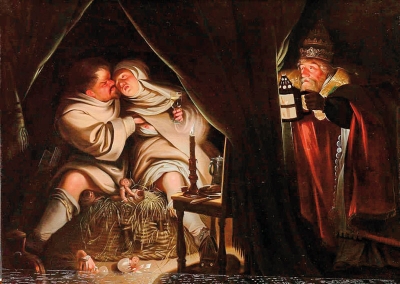 Satira mnich a jeptiška, papež přihlíží, anonym, 1. pol. 17. století, Muzeum Catharijneconvent, Utrecht