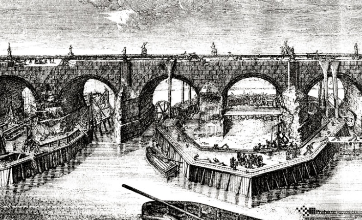 Karlův most, detail rytiny Karla Saltzera z roku 1784