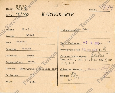 Identifikační karta vězně – Malá pevnost Terezín