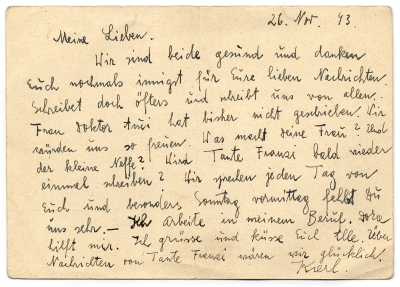 Postcard from from Terezín to O. Weisz, November 26, 1943