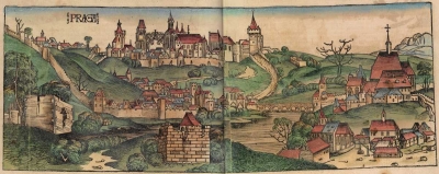 Pohled na Prahu, dřevoryt M. Wohlgemutha, 1493