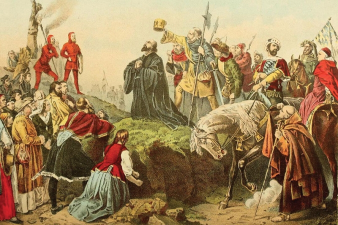 Jan Hus před hranicí, z knihy Příběh našeho křesťanství, 1893
