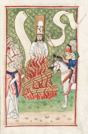 Mistr Jan Hus na hranici, iluminace z Jenského kodexu (kolem roku 1500)